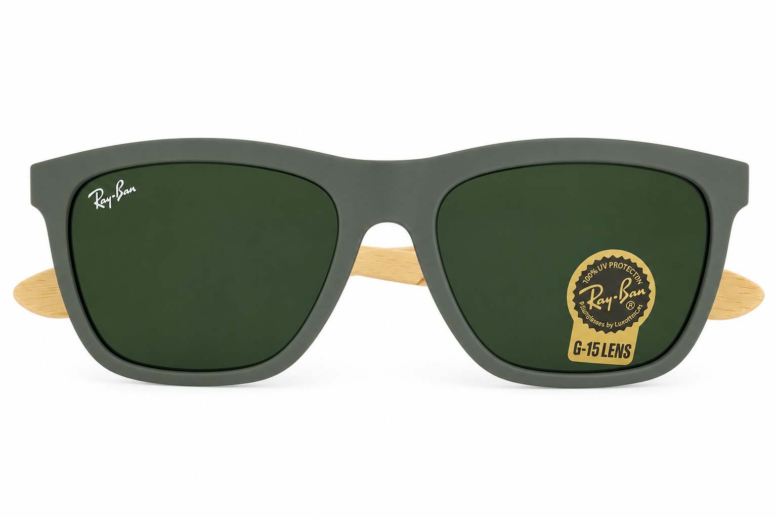 نظارة Ray-Ban شمسية خضراء بأذرع خشبية